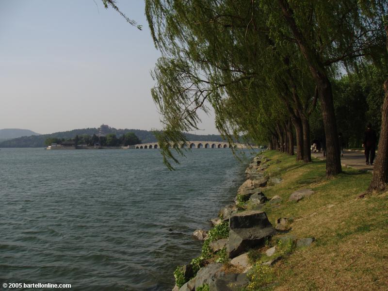 Island, 17-arch Bridge, and Kunming Lake shoreline at the Summer Palace in Beijing, China