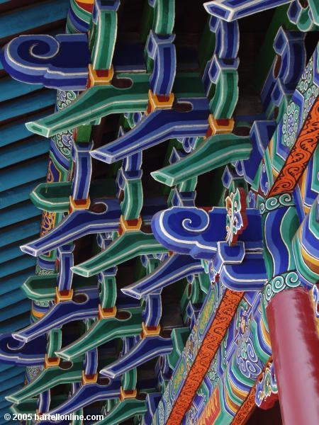 Closeup of colorful eaves at Dazhao Temple in Hohhot, Inner Mongolia, China