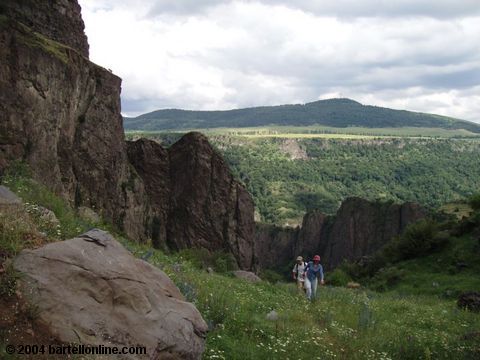 Hikers on a trail near the Dzoraget hotel in the Lori region of Armenia

