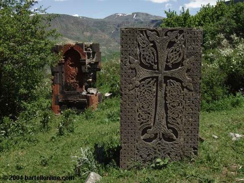 Khachkars at ruins of Havuts Tar monastery near Garni, Armenia
