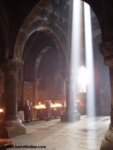 Sunbeams inside the Geghard monastery in the Kotayk region of Armenia
