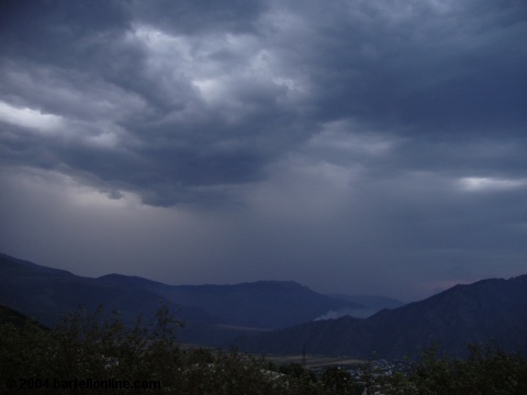 View of an evening storm from the balcony of the pensionat above Odzun, Armenia
