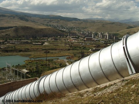 The world-famous pipes in Hrazdan, Armenia with Hrazdan town in the background
