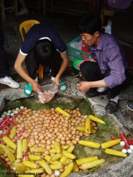 Eggs and corn cooked in natural hotsprings water in the Changbaishan Nature Preserve in Jilin, China