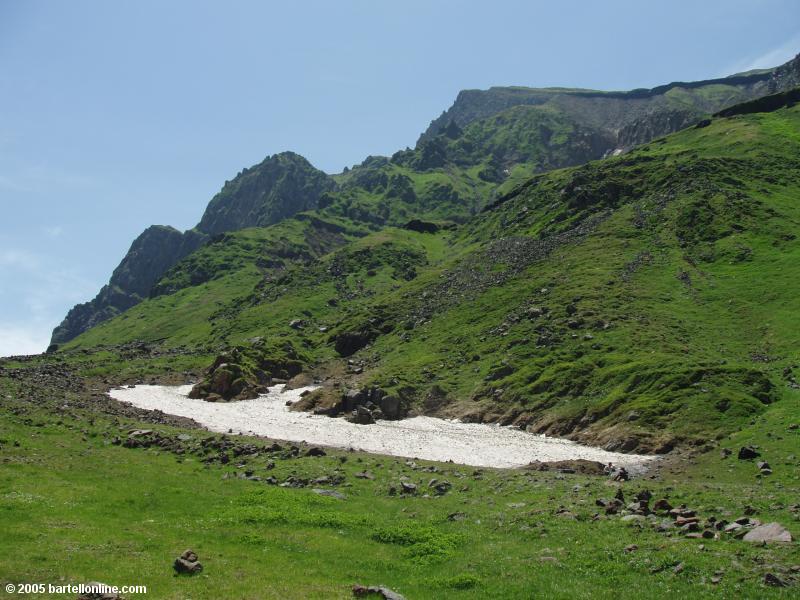 Snow remains in July near Lake Tianchi in the Changbaishan Nature Preserve in Jilin, China