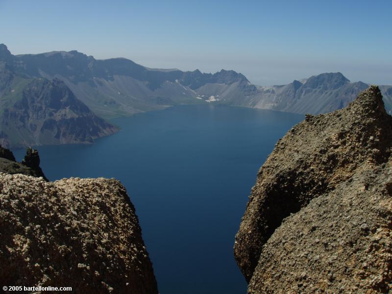 View of Tianchi Lake from the summit of Tianwen Peak in the Changbaishan Nature Preserve in Jilin, China