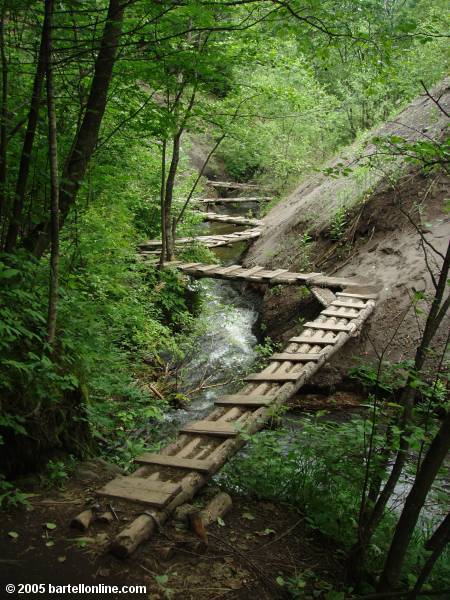Zig-zagging footbridge on a trail in Fushilin Gorges outside the Changbaishan Nature Preserve in Jilin, China