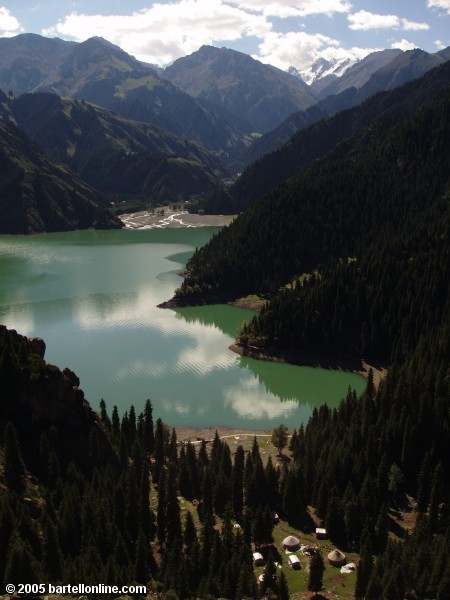 View from above of Rashit's Yurts and Tianchi Lake in Xinjiang province, China