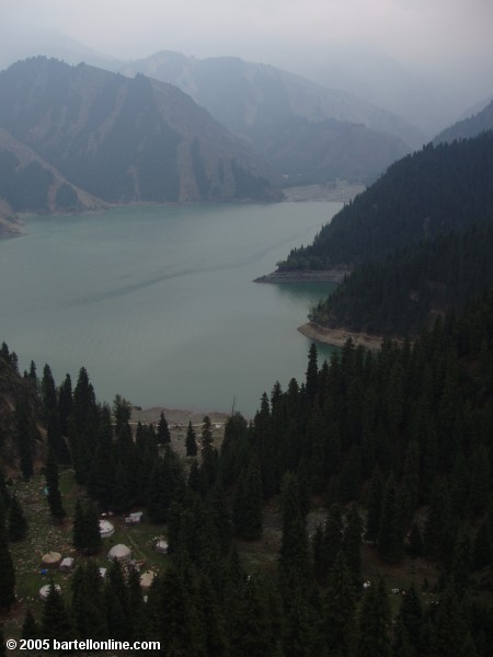 View from above of Rashit's Yurts and Tianchi Lake in Xinjiang province, China