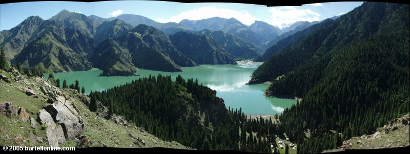 Panorama of Tianchi Lake and surrounding mountains in Xinjiang province, China