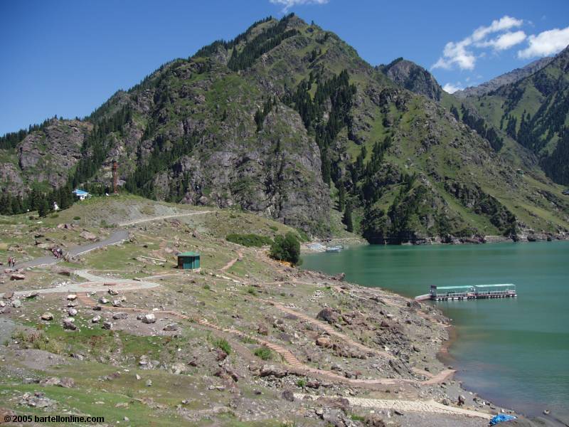 The north shore of Tianchi Lake in Xinjiang province, China free of day tourists after a storm washed out the road