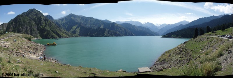 Panorama of Tianchi Lake and surrounding mountains in Xinjiang province, China