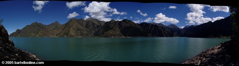 Panorama along the shoreline of Tianchi Lake in Xinjiang province, China