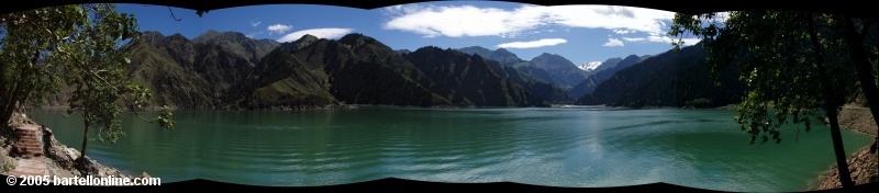 Panorama along the shoreline of Tianchi Lake in Xinjiang province, China