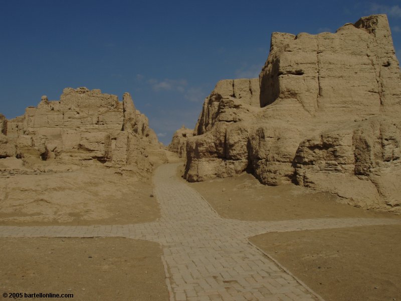 A walkway through Jiaohe Ruins near Turpan, Xinjiang, China