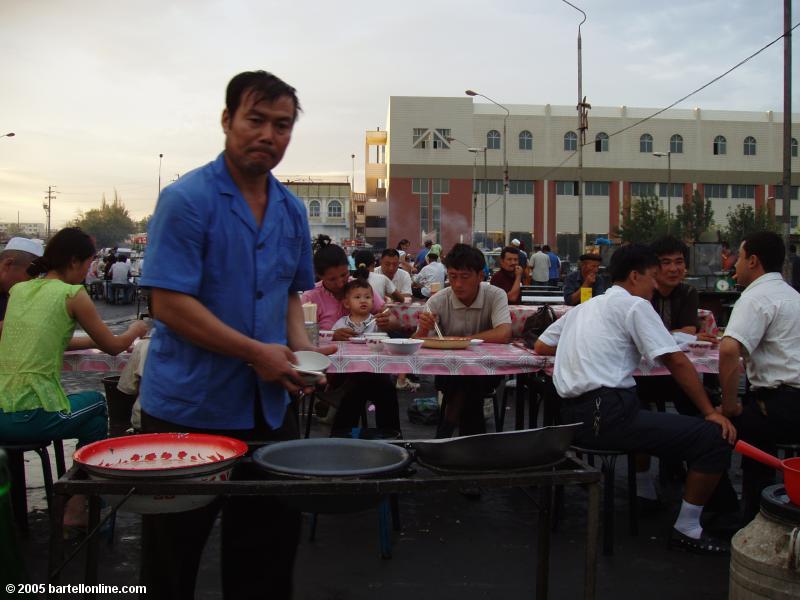 Dishwashing section of an outdoor restaurant in Turpan, Xinjiang, China