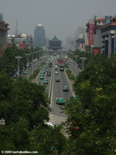 View of the Bell Tower from atop the city wall around Xi'an, Shaanxi, China