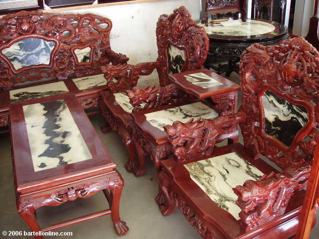 Wood and marble furniture for sale at a shop in Dali, Yunnan, China