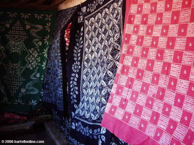Traditional batik tablecloths for sale at a factory in a village outside Dali, Yunnan, China