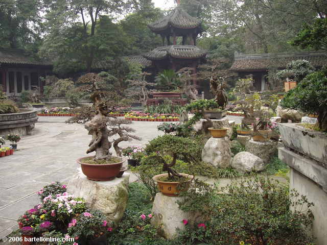 A patio and garden at Du Fu's Thatched Cottage in Chengdu, Sichuan, China