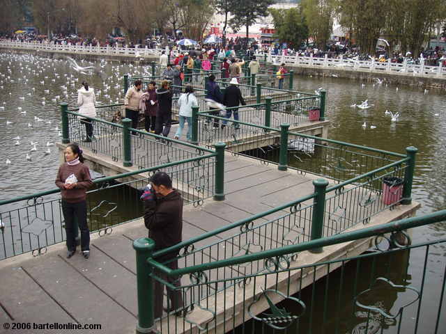 A pedestrian bridge zig-zags across Green Lake in Cuihu Park, Kunming, Yunnan, China