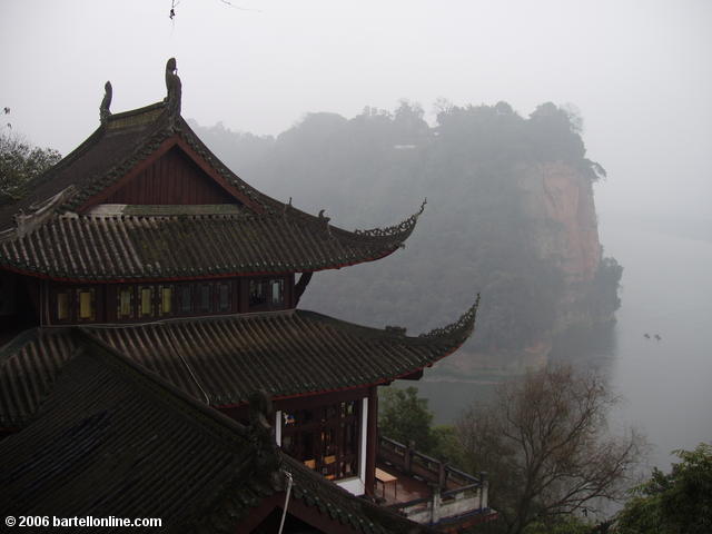 Tea house on the cliff near the Giant Buddha in Leshan, Sichuan, China