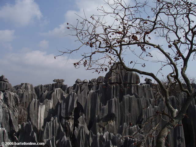 A small pavilion rises above the limestone karsts at the Stone Forest near Kunming, Yunnan, China