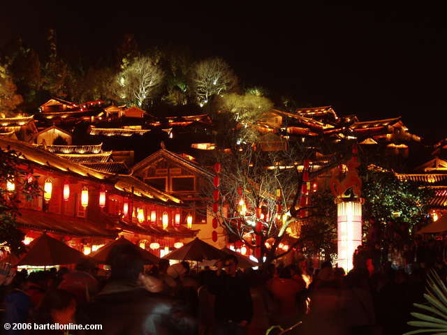 Night view of illuminated buildings in the Old Town of Lijiang, Yunnan, China