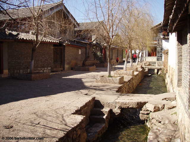 Trees and canal along a residential street in the Old Town of Lijiang, Yunnan, China