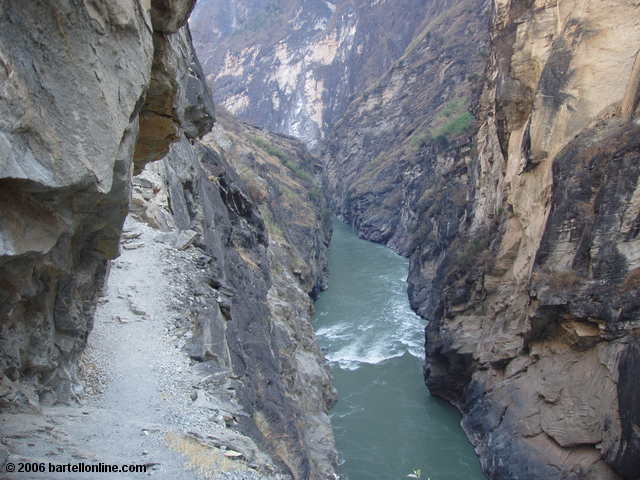 View from a narrow cliffside trail through Tiger Leaping Gorge in Yunnan, China