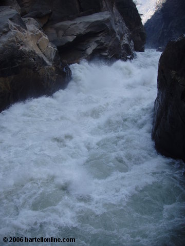 Rapids where the Jinsha River, which later becomes the Yangtze, rushes through a narrow section of Tiger Leaping Gorge in Yunnan, China