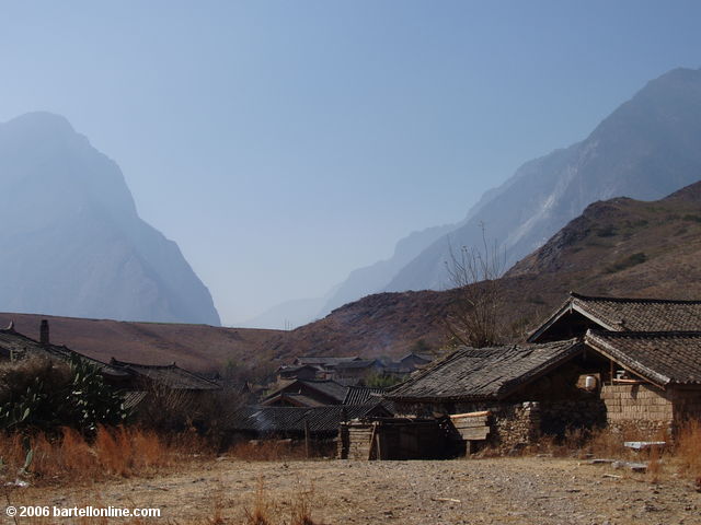 Village leading from the road to the old ferry on the trail through Tiger Leaping Gorge in Yunnan, China