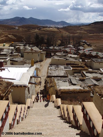 View towards Zhongdian ("Shangri-La"), Yunnan, China from the top of the stairs in Songzanlin Monastery
